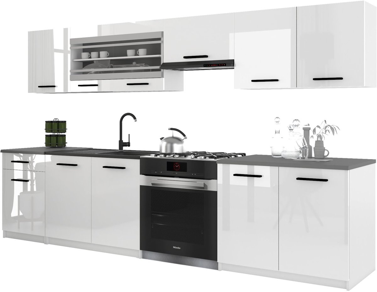BELINI Keukenblok ITALIA 4 - Keukenmeubel Set 260 cm Wit Hoogglans met Werkbladen - Boven- en Onderkasten