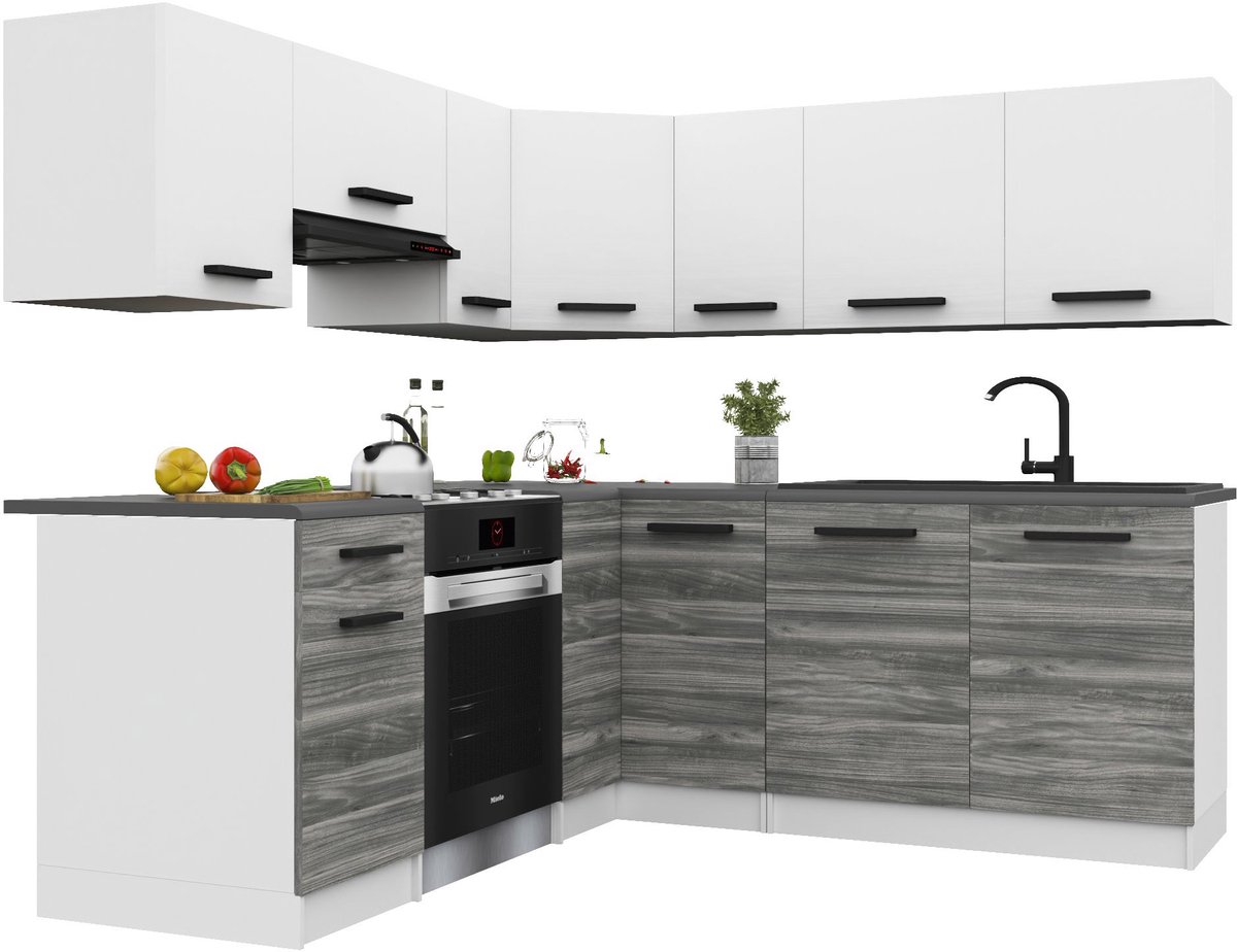 BELINI Keukenblok ITALIA 6 - Keukenmeubel Set 360 cm Wit-Grijs Glamour Mat met Werkbladen - Boven- en Onderkasten
