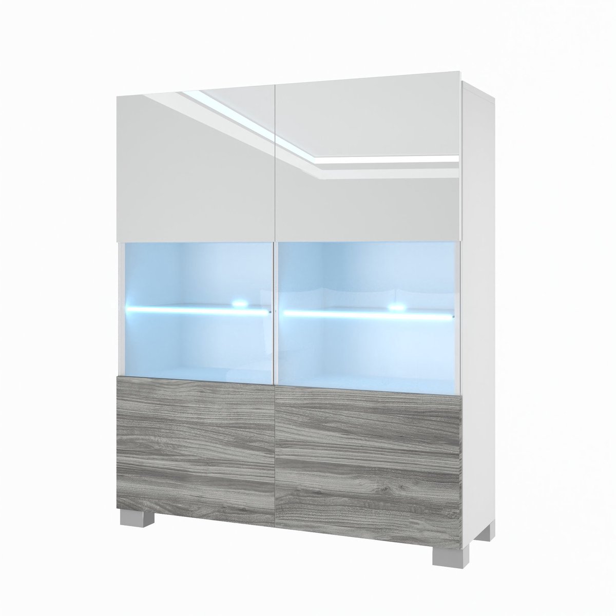 BELINI Vitrinekast met LED-verlichting - Hoge Kast Wit/Glamour Hout - Greeploos Woonkamermeubel met Zacht Sluitend Systeem - Modulair Design