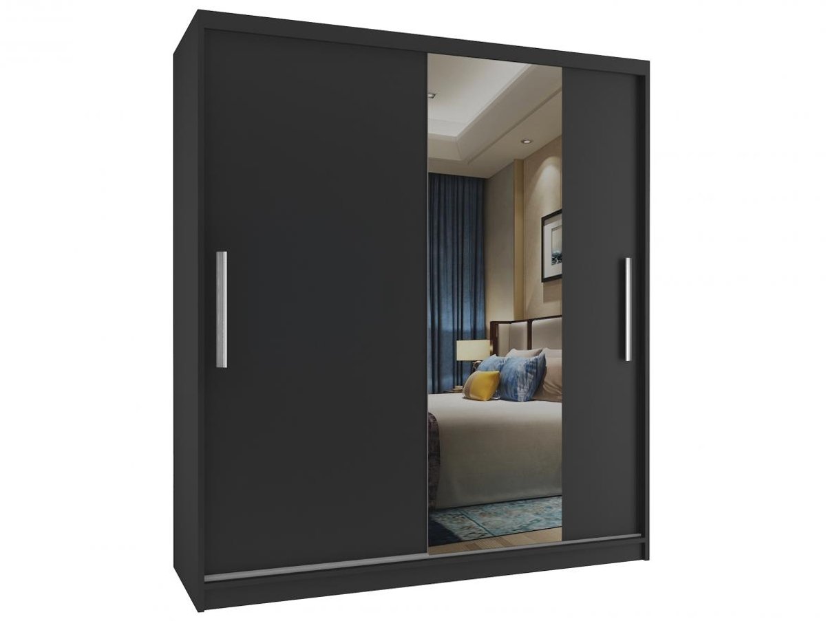 BELINI Verona MSE Schuifdeurkast 133 cm Zwart Mat - Kledingkast met Spiegel - Comfort Line Slaapkamerkast