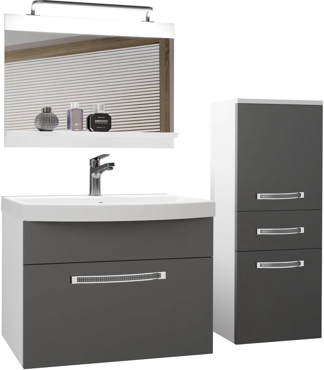 BELINI Badkamermeubel Set GLA M 2 - Badmeubelset 100 cm Grijs, Mat met Wastafel, Spiegel en LED Lamp - Wandmontage