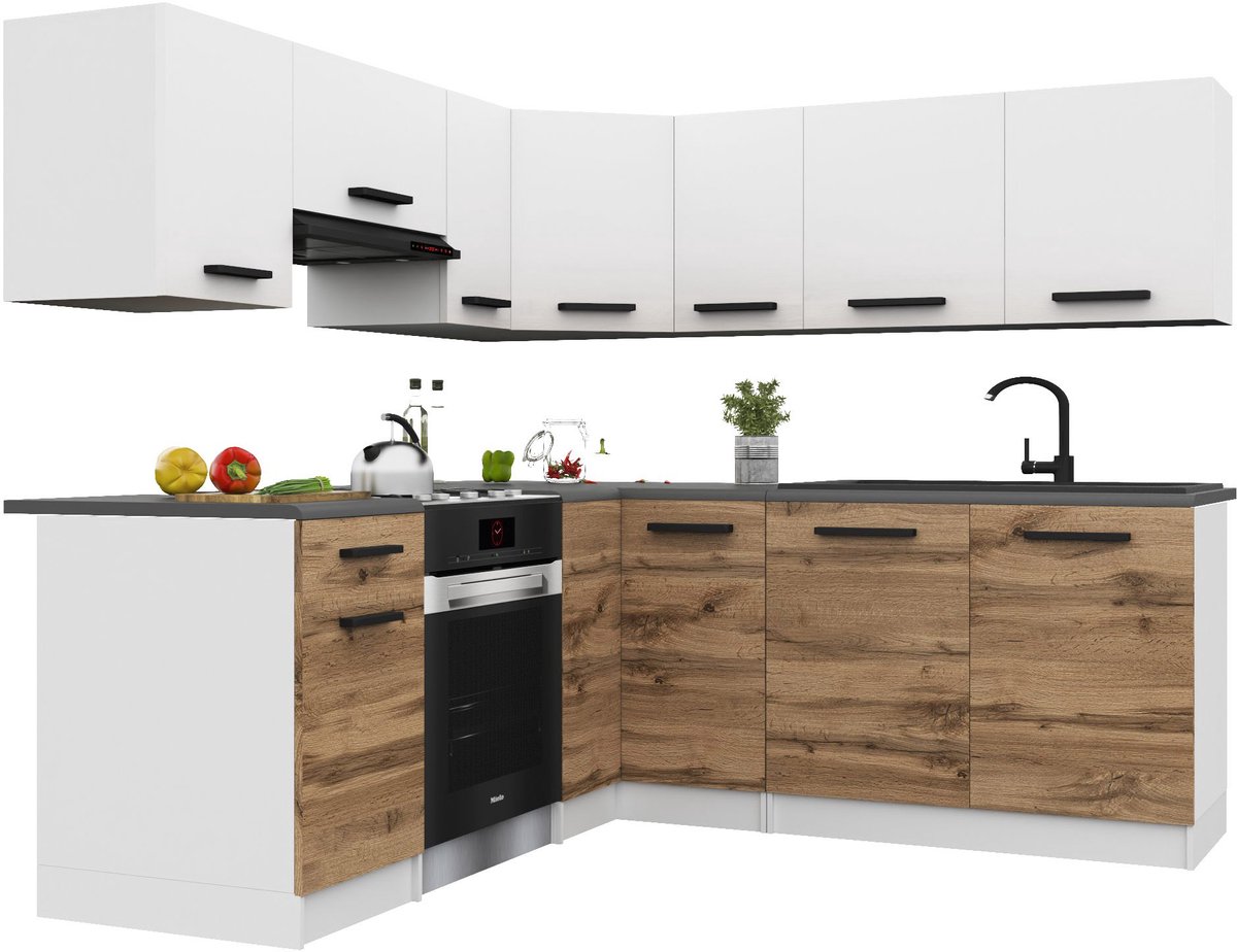 BELINI Keukenblok ITALIA 6 - Keukenmeubel Set 360 cm Wit-Goudbruin Mat met Werkbladen - Boven- en Onderkasten
