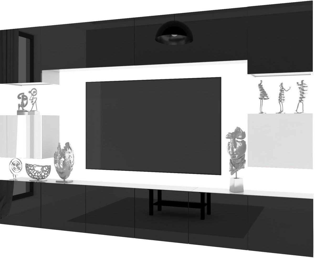 BELINI Wandmeubel Milano 3 300 cm Wit/Zwart Hoogglans - TV-Wand Greeploos - Moderne Woonwand met Gasliftsysteem - Modulair TV-Meubel