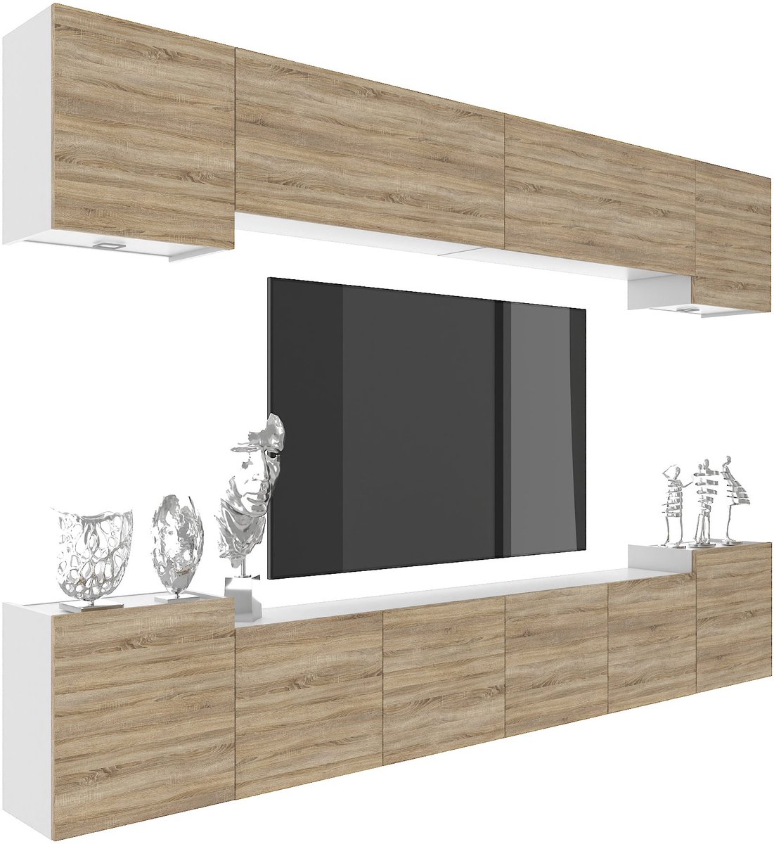 BELINI Wandmeubel Milano 4 300 cm Sonoma Eiken Mat - TV-Wand Greeploos - Moderne Woonwand met Gasliftsysteem - Modulair TV-Meubel