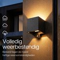 Zwarte kubus buitenlamp met sensor, met waterdruppels, 'volledig weerbestendig'.