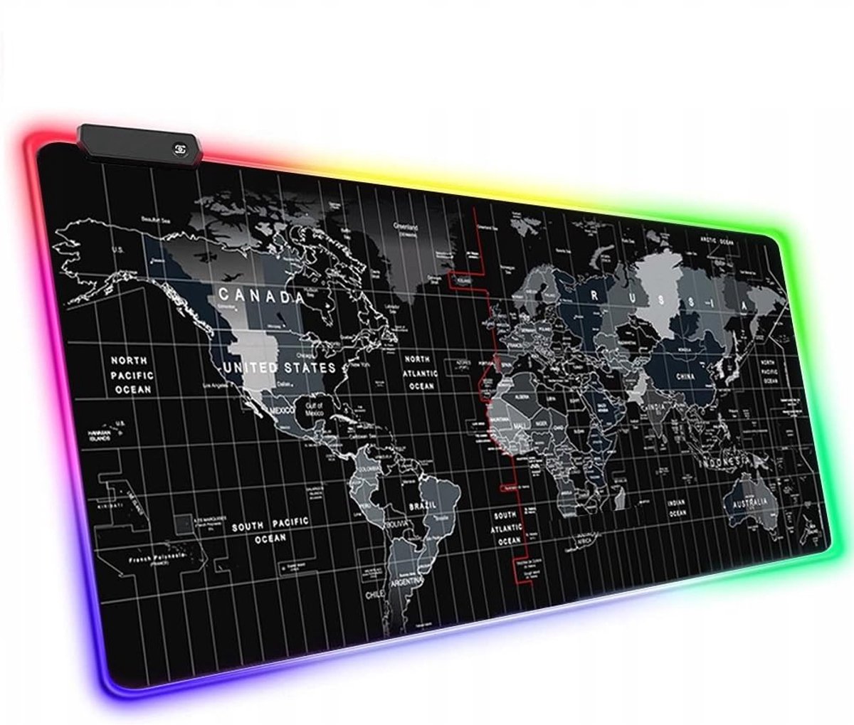 SnelShoppen - XXL Gaming-muismat Wereldkaart met LED-verlichting, Antislip, Waterdicht, 800 x 300 mm, Ideaal voor Muis, Toetsenbord, Laptop en Bureau
