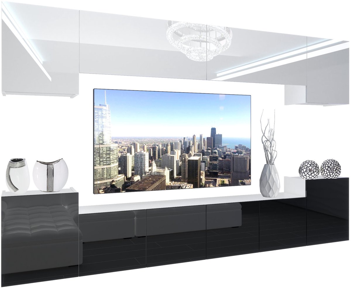 BELINI Wandmeubel NEX 4 - TV-Wandkast Set met LED-Verlichting Wit / Zwart - Hoogglans Fronten