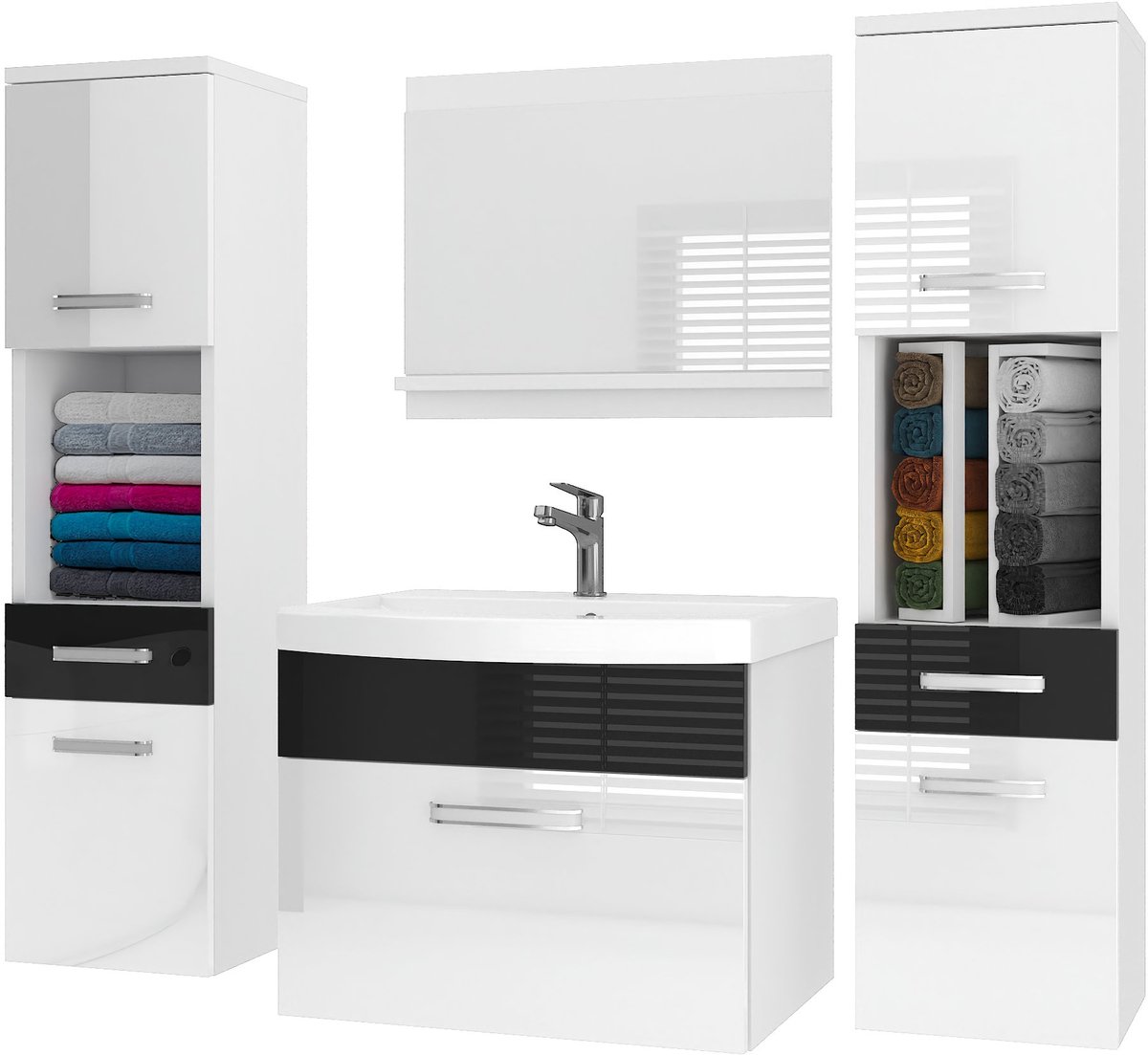 BELINI Badkamermeubel Set PRI P6 - Badmeubelset 120 cm Wit/Zwart Hoogglans met Wastafel en Spiegel - Wandmontage