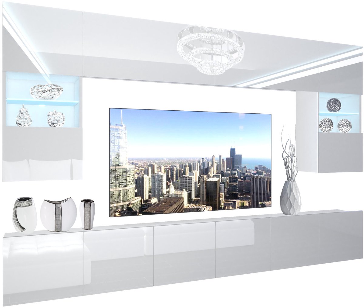 BELINI Wandmeubel NEX 1 - TV-Wandkast Set met LED-Verlichting Wit - Hoogglans Fronten