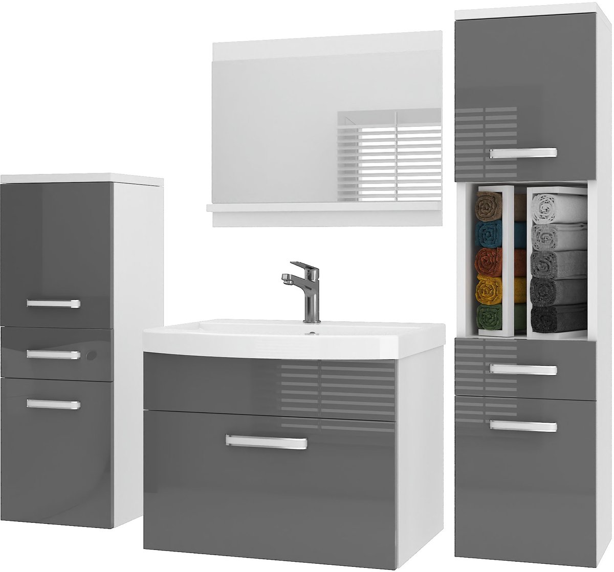 BELINI Badkamermeubel Set PRI P5 - Badmeubelset 120 cm Grijs Hoogglans met Wastafel en Spiegel - Wandmontage