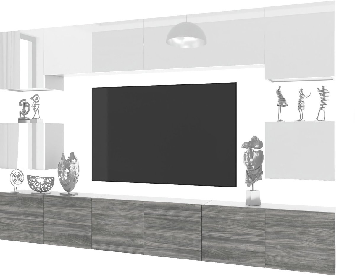 BELINI Wandmeubel Milano 3 300 cm Wit Hoogglans/Grijs Mat - TV-Wand Greeploos - Moderne Woonwand met Gasliftsysteem - Modulair TV-Meubel