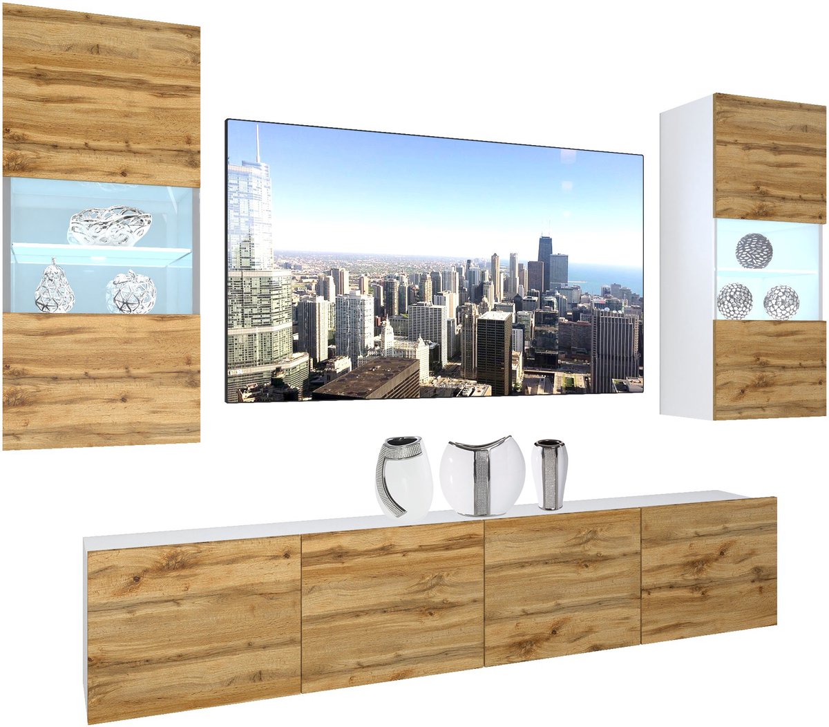 BELINI Wandmeubel NEX 7 - TV-Wandkast Set met LED-Verlichting Wotan Eiken - Hoogglans Fronten