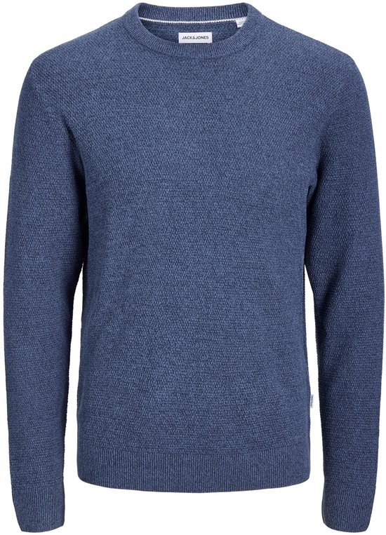 Blauwe gebreide trui met ronde hals en subtiele textuur, merk Jack & Jones.