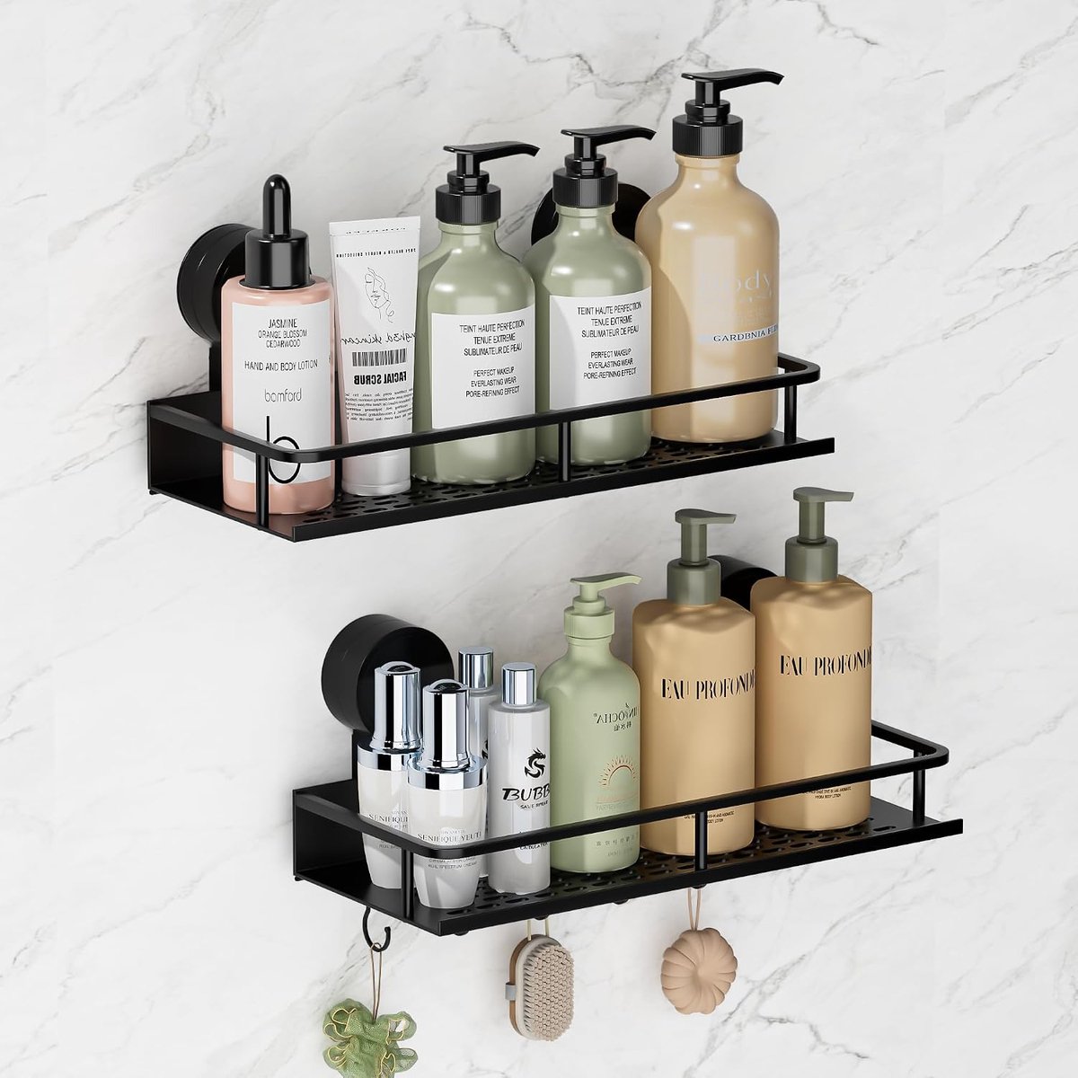 SnelShoppen - Doucheplank met zuignap zonder boren, 2 stuks aluminium badkamerrek met 5 haken, roestvrij doucheplank, shampoo-houder, zwart voor badka