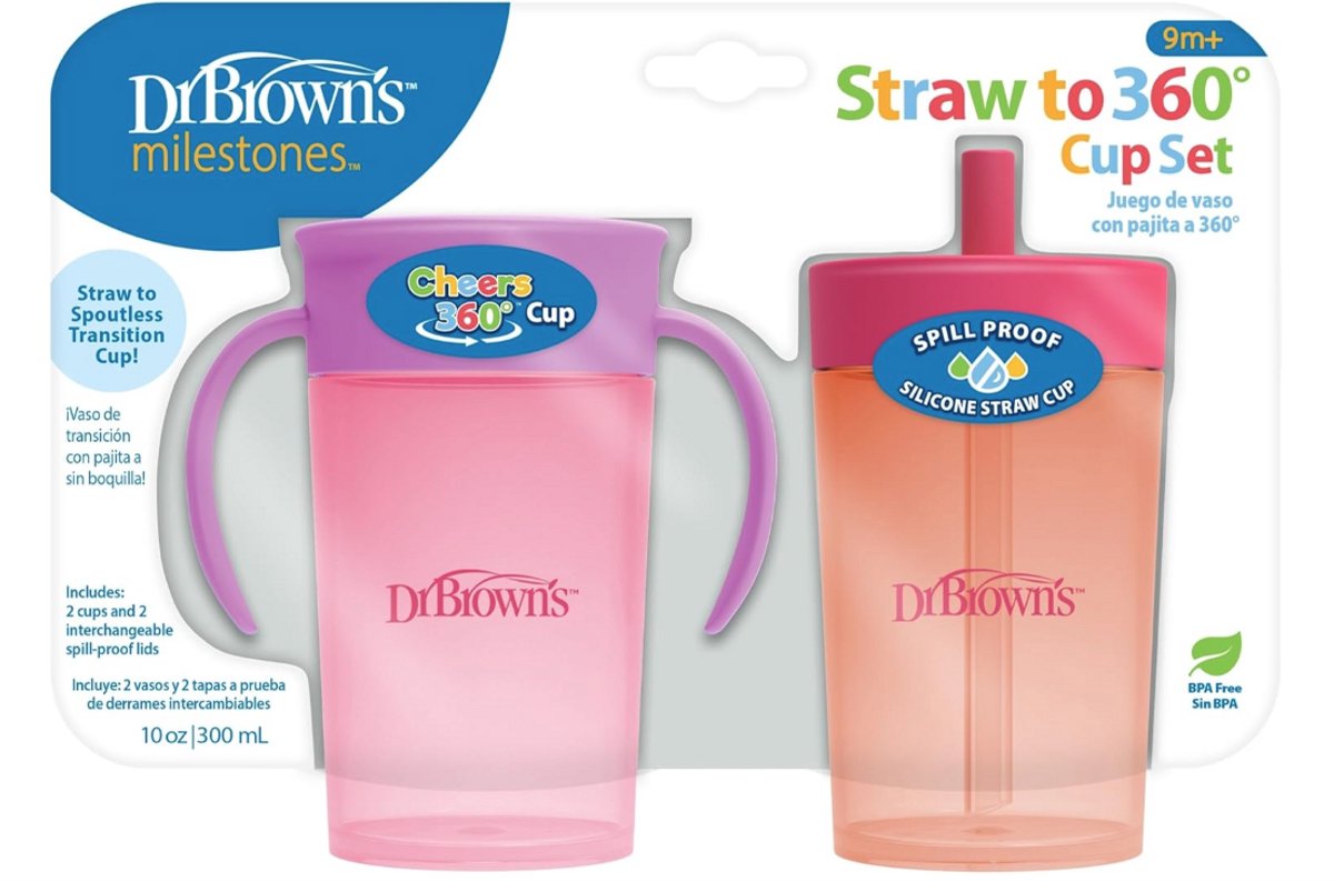 Dr. Brown's Milestones Rietjesbeker & 360° Oefenbeker Set 2 Stuks 300ml (Coral) – BPA-vrij – Verwisselbare Deksel met Siliconen Rietje – Vanaf 9 Maanden