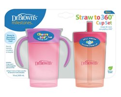 Dr. Brown's Milestones Rietjesbeker & 360° Oefenbeker Set 2 Stuks 300ml (Coral) – BPA-vrij – Verwisselbare Deksel met Siliconen Rietje – Vanaf 9 Maanden