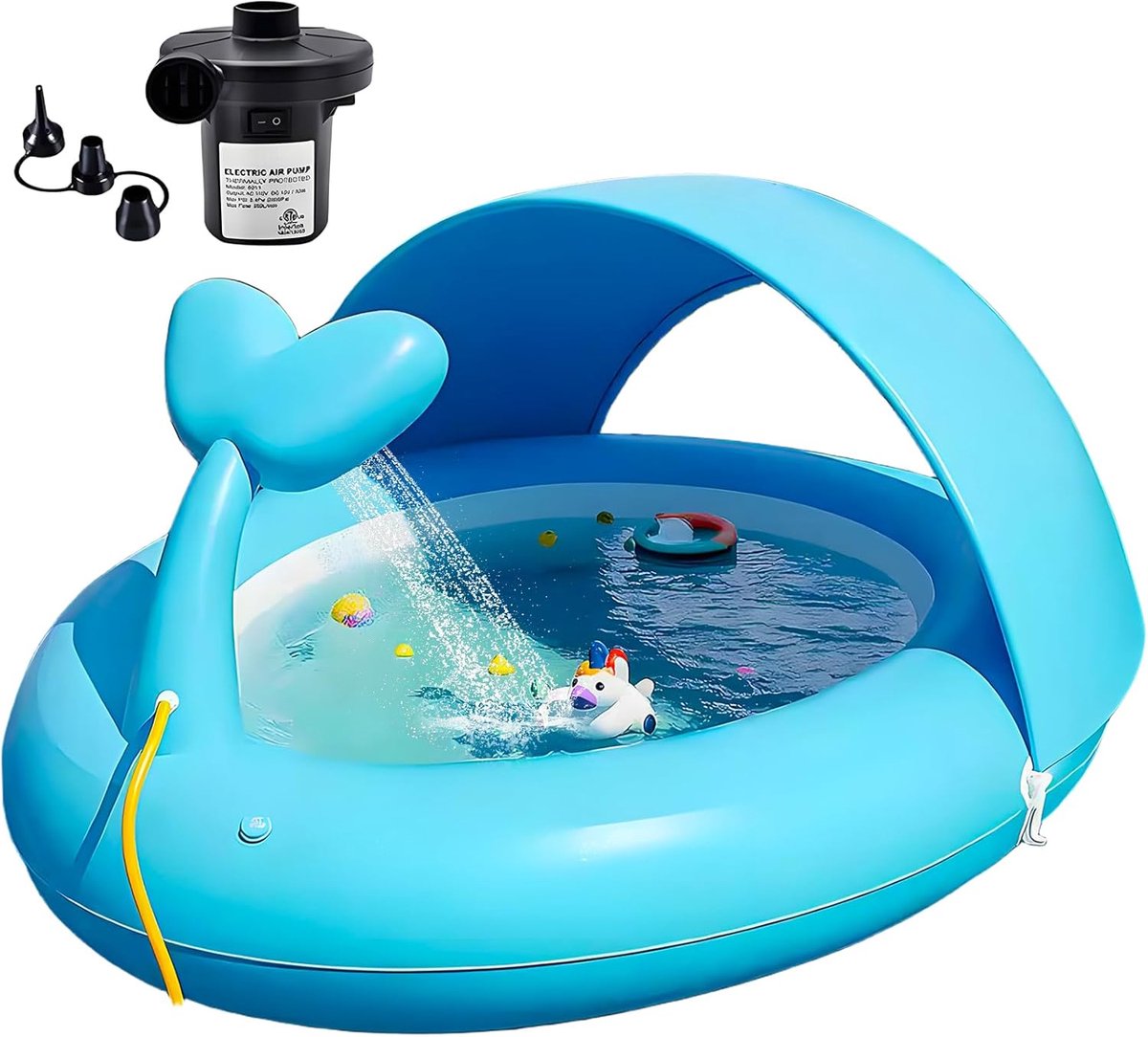 Inflatable Kids Pool with Canopy,Blue Whale Sprinkler Baby Swimming Pool for Toddlers,Portable Kiddie Pool for Backyard Outdoor Water Fun 193×165×95cm