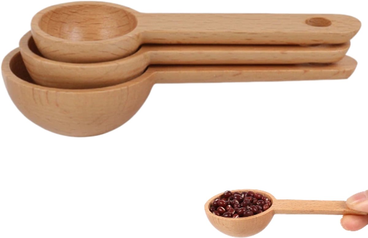 3stuks- Beukenhouten lepels met korte steel - Beukenhouten maatlepels - Lepels - Maatlepels - Gramlepels - Houten koffielepels - 15 ml, 10 ml, 5 ml - Natuurlijke houtkleur - Geschikt voor het afmeten van koffiepoeder en theebladeren