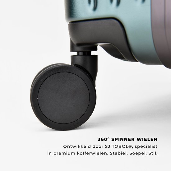 Dichtbij shot van een zwart 360 graden spinner wiel van een DAKOZO koffer.