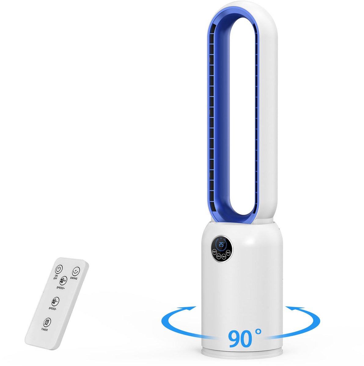 SnelShoppen - Torenventilator zonder rotorbladen, 24 snelheden, geluidsarme 60° oscillerende staande ventilator in blauw voor thuis, kantoor, camping