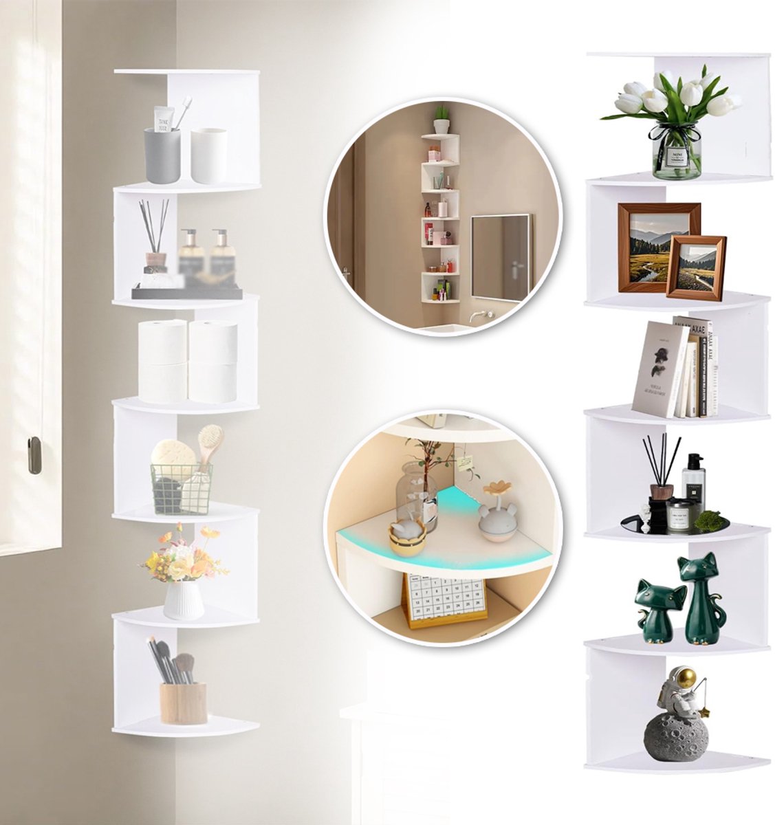 Spiraalvormige Wandplank Met 7 Niveaus En Modern Design - Ruimtebesparend Hoek Display Rek PVC 115 cm Hoog - Ideaal Voor Boeken Decoratie En Kleine Planten - Wit