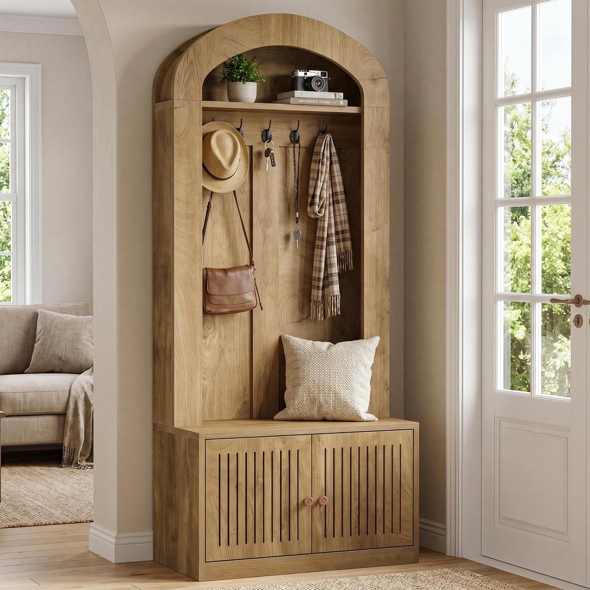 LITTLE TREE Ingangs Jasrek - Halboom - Hout - Lichtbruin - Boerderijstijl - 80 x 35 x 180 cm - Met zitbank, schoenopbergruimte en geribbelde deuren - voor hal en mudroom