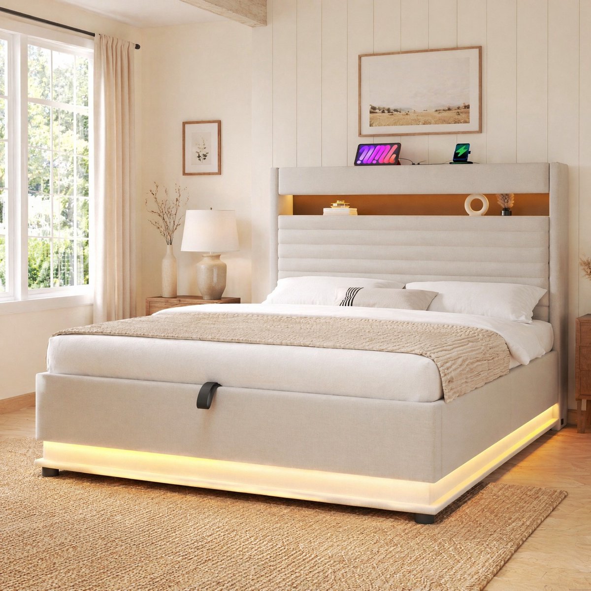 DESMIU Gestoffeerd Bed 140x200 cm – USB En Type C Oplaadfunctie – Led Verlichting En Hydraulische Opbergruimte – Tweepersoonsbed – Stof – Beige – Zonder Matras