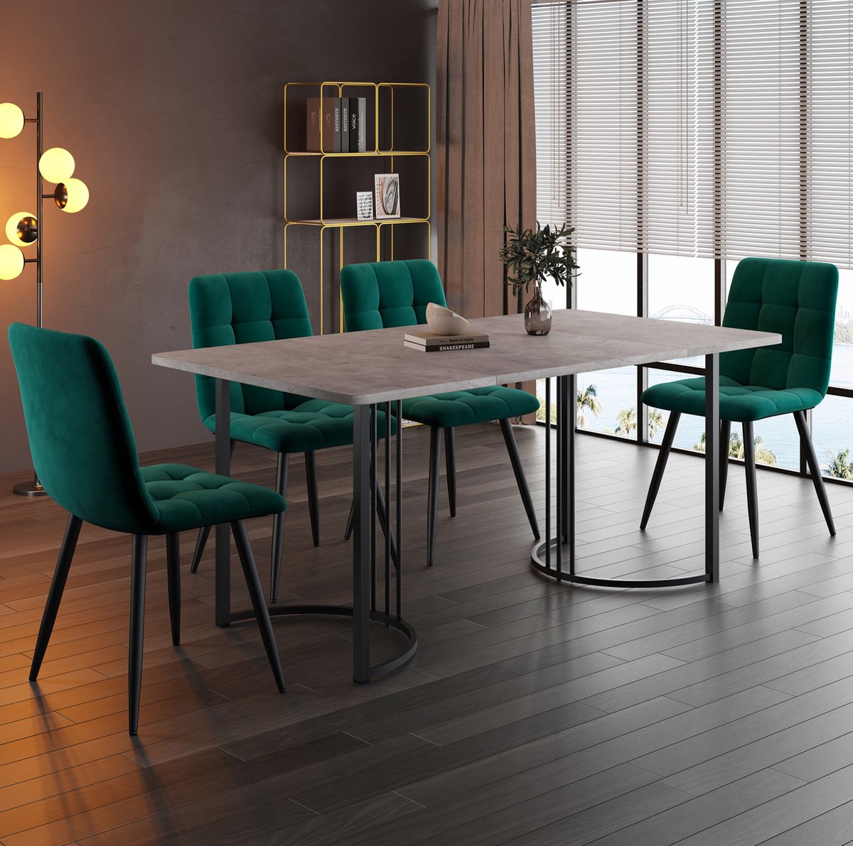 COVREO Set tafel en stoelen 140x80 cm grijs, MDF en metaal 4 stoelen