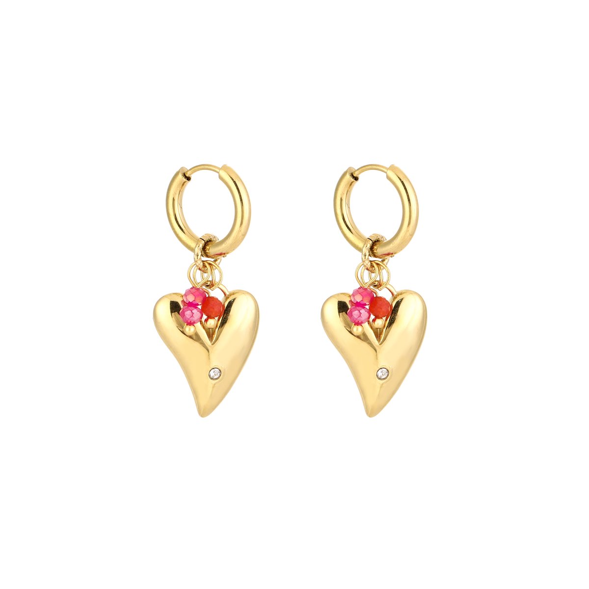 Stainless Steel Heart & Beaded Charm Hoops – Luxe Hart met Kralen Oorringen – RVS - Goud