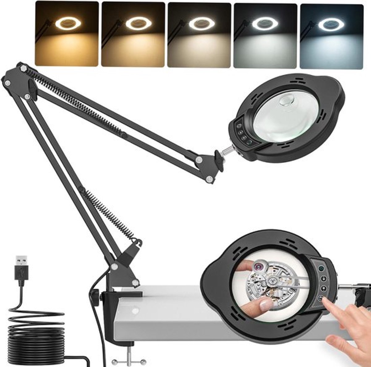 Bureaulamp met vergrootglas en LED-verlichting voor lezen en knutselen
