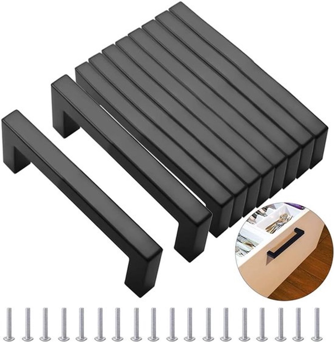 Moderne RVS Keukenhandgrepen - Vierkante Handgrepen voor Keukenkastjes, Lades en Kasten (192mm, 10 Stuks, Zwart)