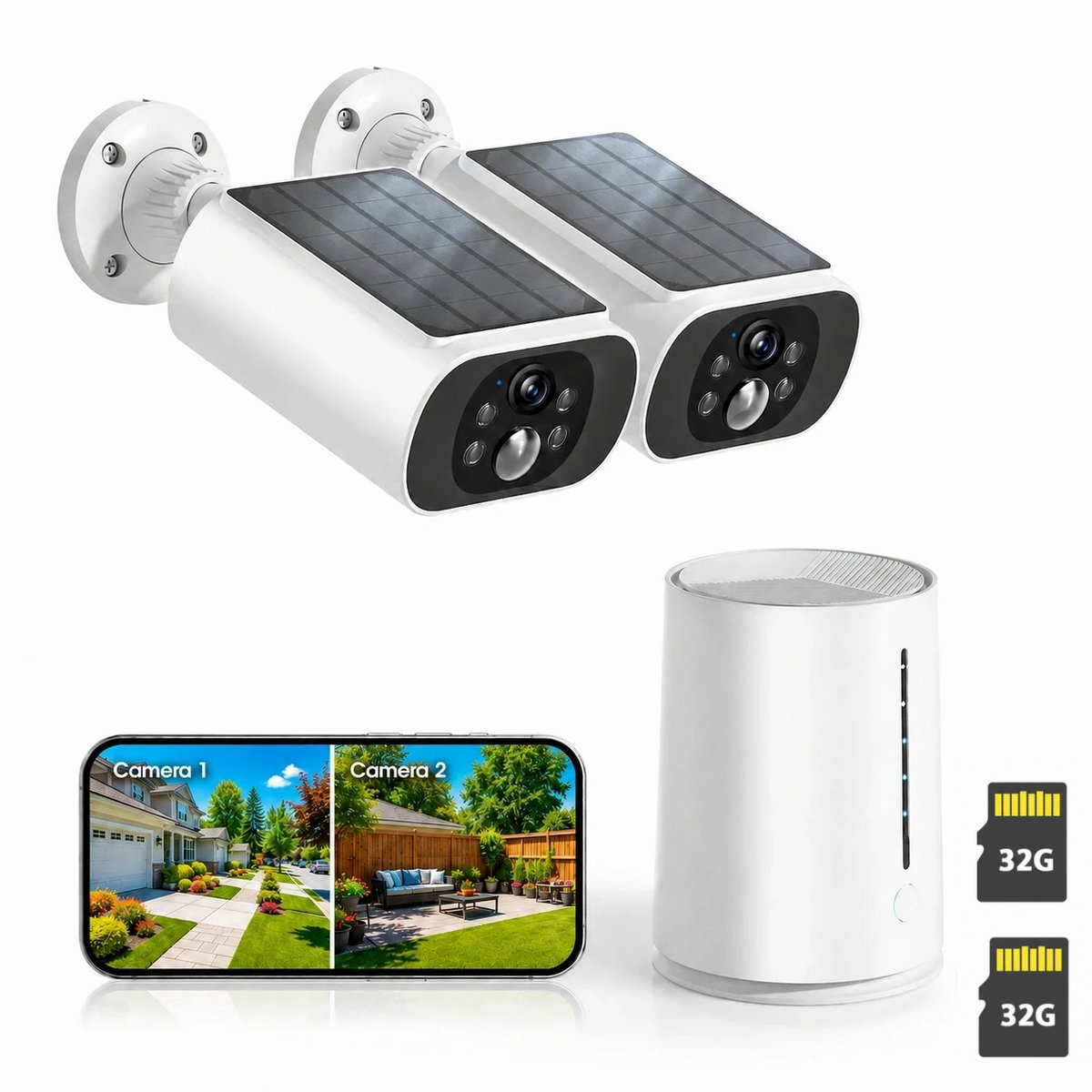 Draadloze Beveiligingscamera - Voor Buiten en Binnen - 2 Bulletcamera’s en Basisstation - 2K - Kleurennachtzicht - Lokale Opslag - Geen Maandelijkse Kosten - met2* 64GB TF-Kaart