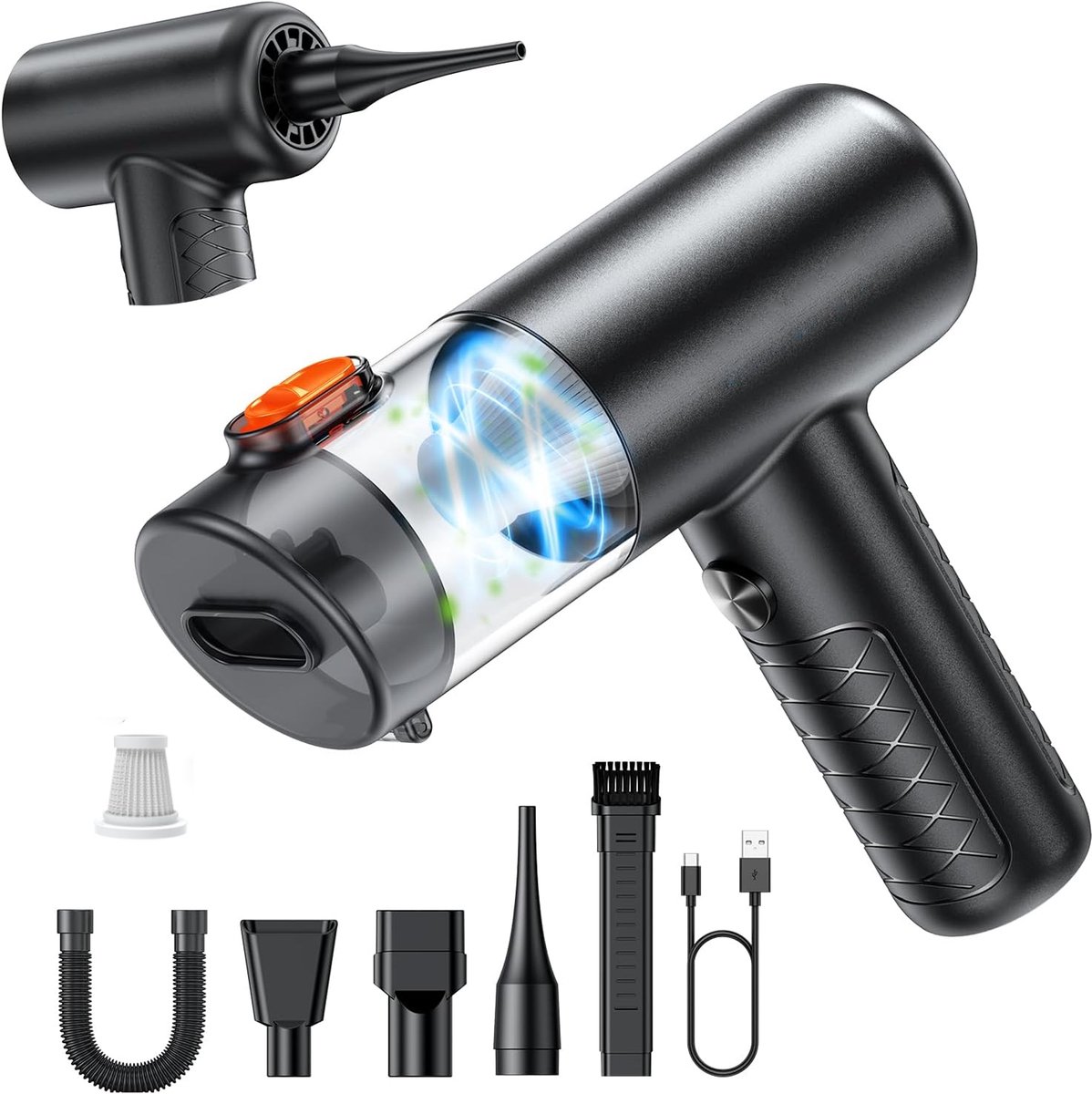 KZQ 4-in-1 draadloze mini auto stofzuiger en luchtduster - Handheld voor auto huisdier thuis en kantoor - Inclusief 1 filter - Zwart