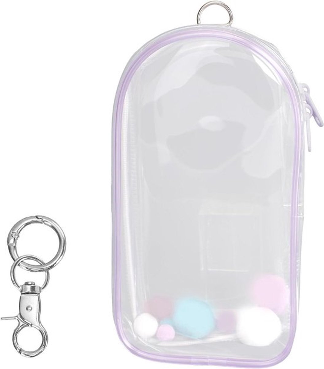 Waterdichte Draagtas voor Poppen, Transparant met Pompons en Sleutelhanger, 19,5 x 10,5 cm - Paars - Speelgoedopbergtas