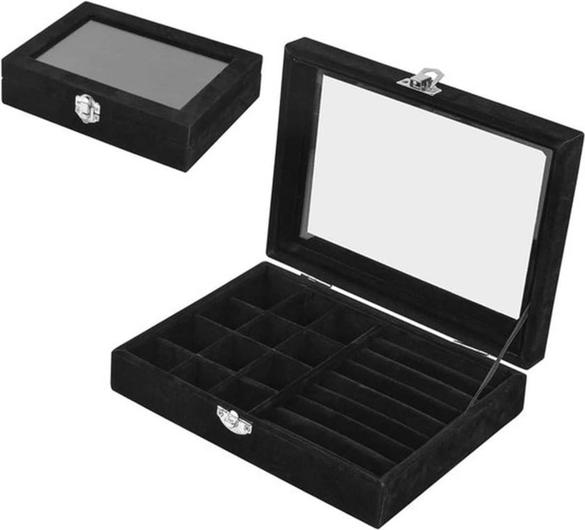 Multifunctionele Sieradenopberger met Glazen Deksel, Ideaal voor Ringen, Oorbellen en Kettingen, Luxe Sieraden Display Box in Zwart