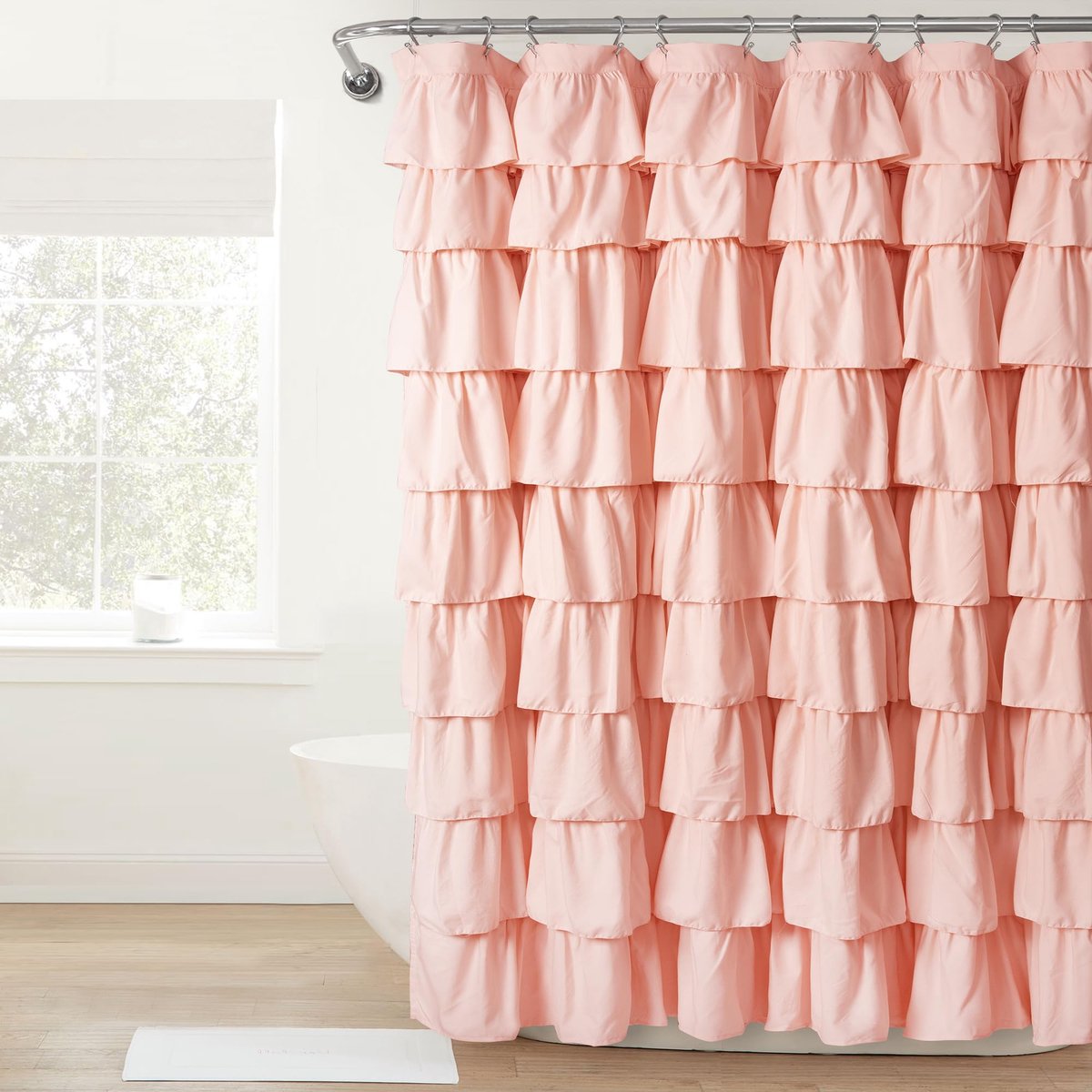 SnelShoppen - Douchegordijn met Ruches | Vintage Chic Bloemen Getextureerd Design, Microvezel, Blush, 182,9 cm x 182,9 cm voor Badkamer Decoratie