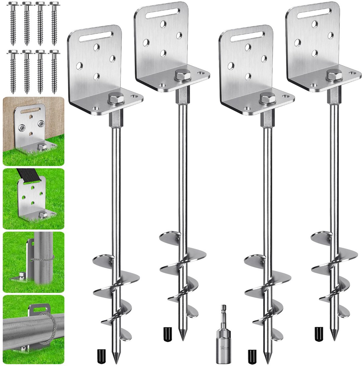SnelShoppen - Set van 4 Grondankers Schroef 76 cm voor Stacaravan, Trampoline, Schommel, Tent, Schuur, Luifel, Hek - 7,1 cm Brede Spiraal met L-Beugel