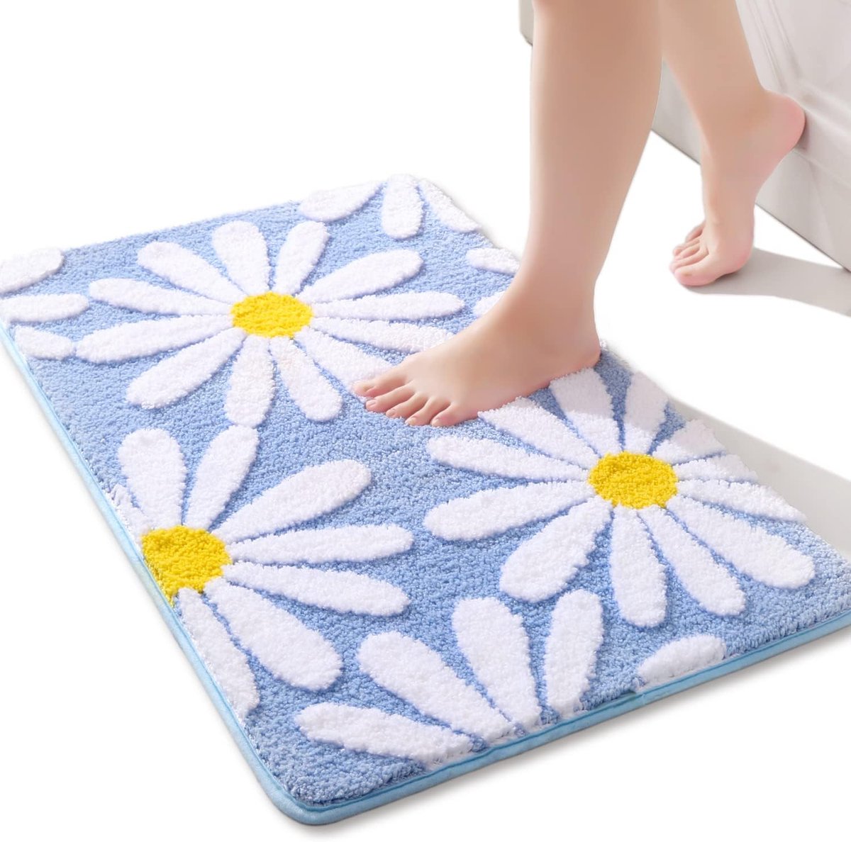 SnelShoppen - Blauw Badkamertapijt met Madeliefjes, Antislip en Wasbaar, Zachte Douchemat 40 x 60 cm, Absorberend, Voor Badkamer of Toilet
