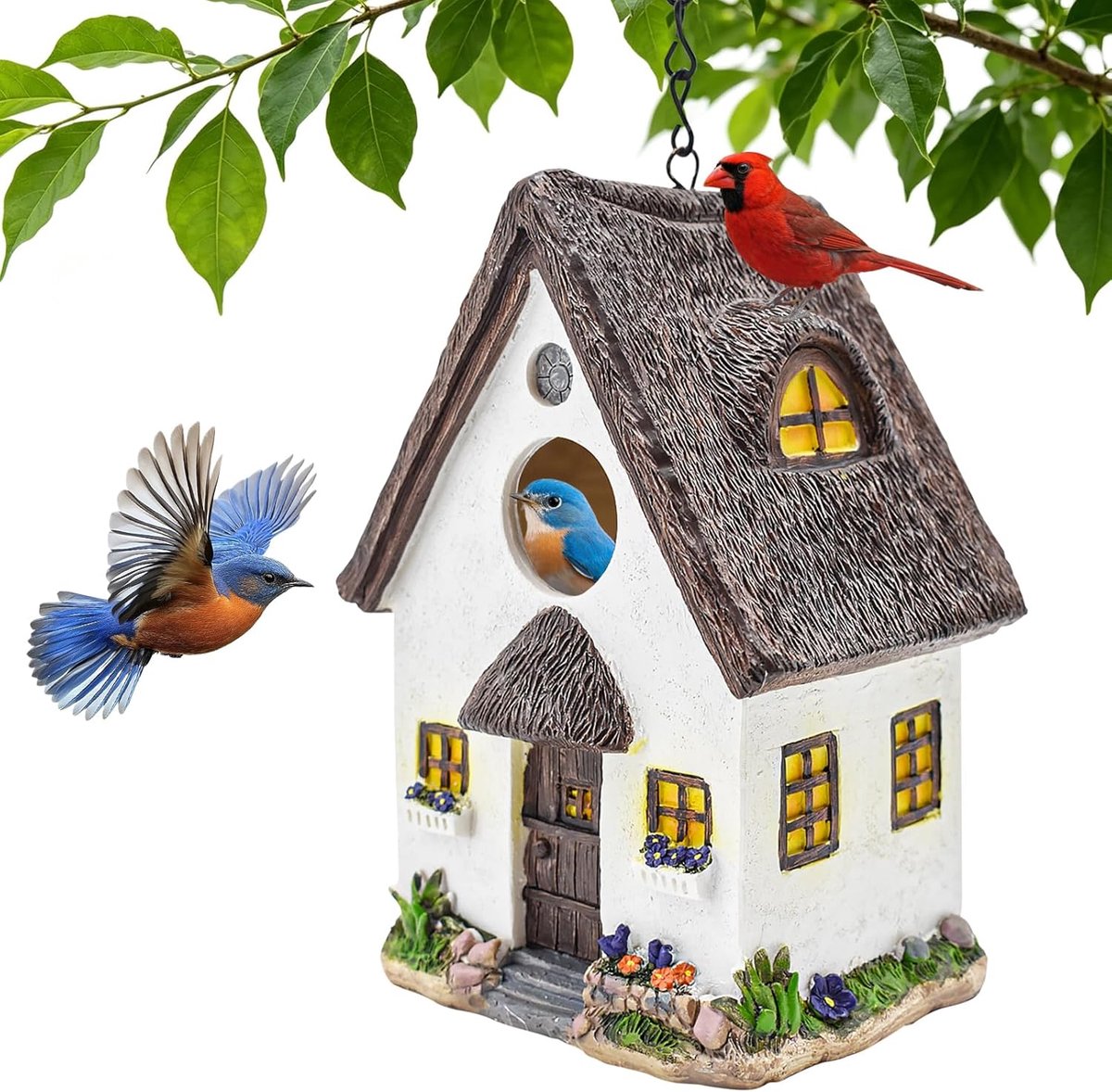 SnelShoppen - Vogelhuis om op te hangen, weerbestendige nestkast voor vogels met 35 mm toegangsgat, decoratief vogelhuisje van hars voor tuin, balkon,