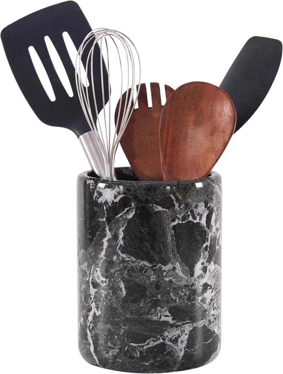 SnelShoppen - Handgemaakte Marmeren Keukengerei Set Organizer - Lepel Caddy en Bestekhouder voor Aanrecht - 4.5x4.5x6.5 Inch - Stijlvolle Canister voo