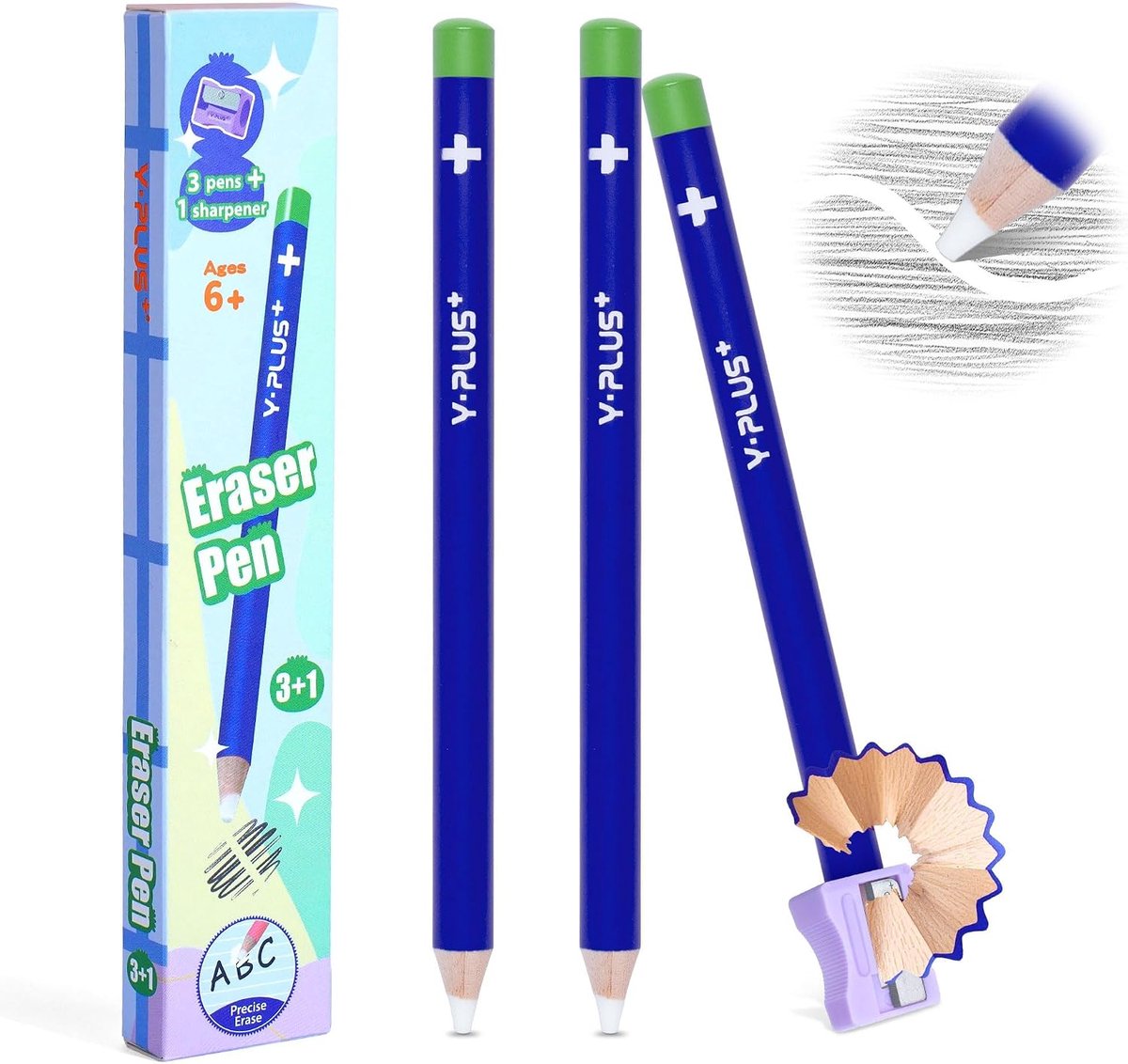 SnelShoppen - YPLUS Gumpotlood 3 stuks voor kinderen, blauw met ergonomisch design en puntenslijper, nauwkeurige punt, geen kruimels, schoolmateriaal,