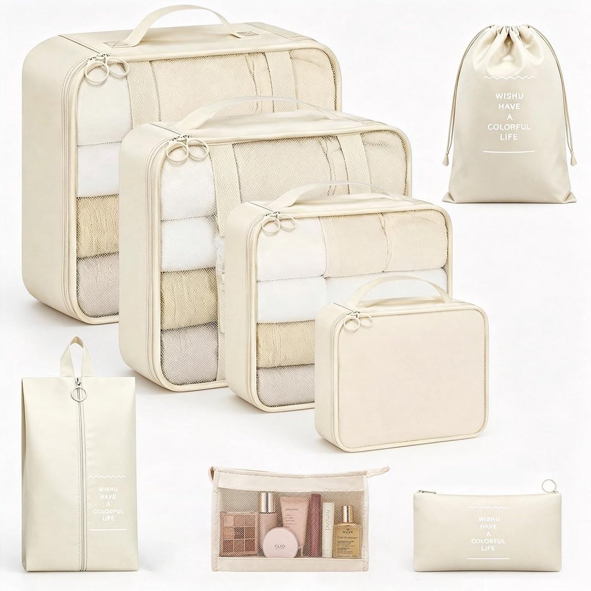 SnelShoppen - Kofferorganizerset 8 Stuks, Beige Verpakkingskubussen voor Koffer, Ademend en Licht, Reisorganizer voor Kleding, Schoenenzak, Perfect vo
