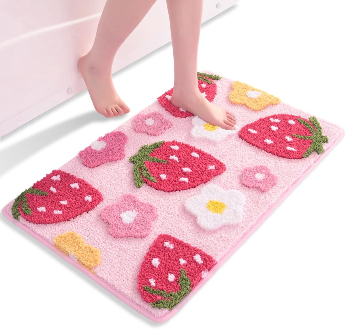SnelShoppen - Roze badkamertapijt met aardbeien, antislip en wasbaar, kleurrijke badmat van zachte microvezel, absorberend, 45 x 65 cm voor badkamer e