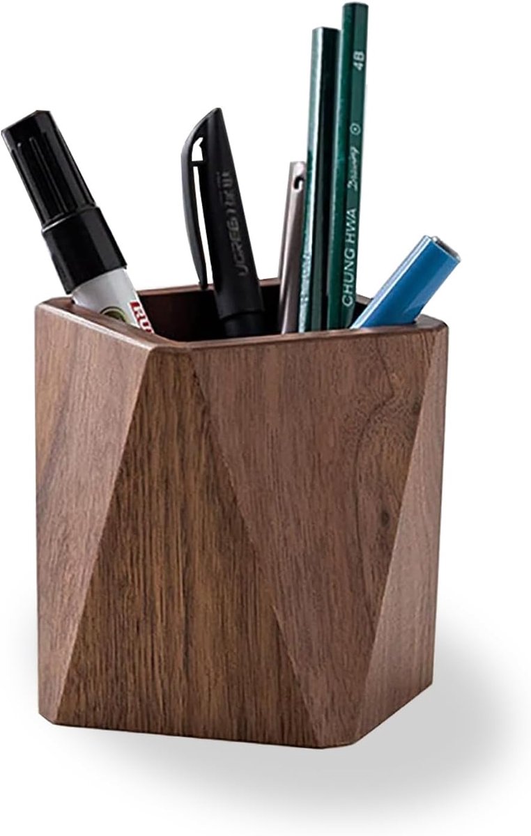 SnelShoppen - Houten Pennenkoker Bureau-Organizer Zwart Walnoothout Handgemaakt voor Schrijfwaren en Make-Upkwasten, Perfect voor Bureaus en Kantoren