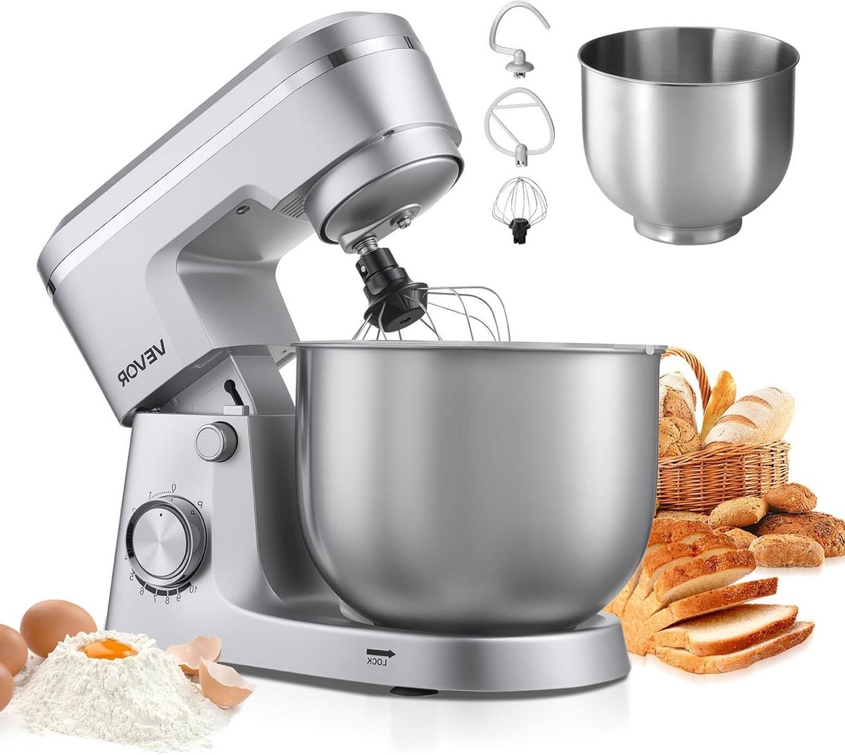 Keukenmachine - Foodprocessor Mixer - Bakken en Koken - 10 Snelheden - 5.7 Liter Kom - Zilver