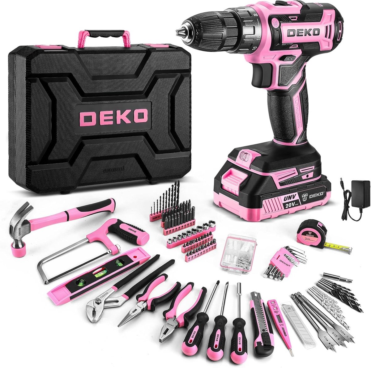 SnelShoppen - 186-delige Gereedschapskoffer met Accuschroevendraaier - Roze 20V Accuboor voor Vrouwen - Basisgereedschapset voor Thuisgebruik - Handge