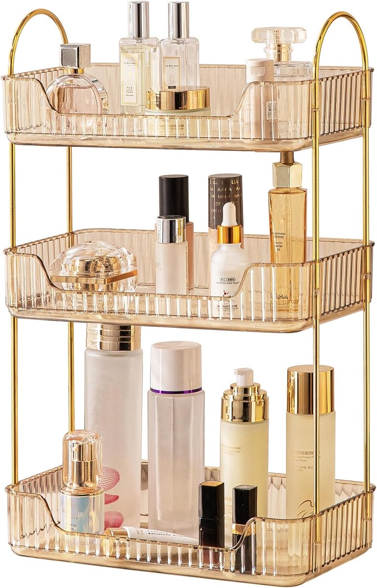 SnelShoppen - CESTATIVO Make-uporganizer, Cosmetica-organizer, Beauty-organizer, Huidverzorging-organizer voor Badkamer, 3 Lagen, Amber Kleur, Perfect
