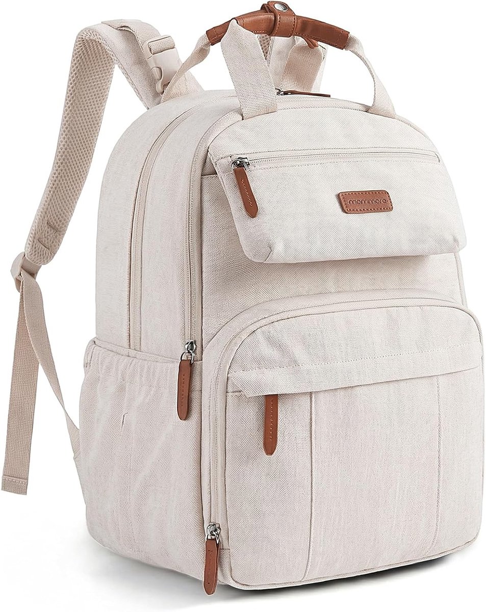 Grote uitbreidbare luiertas voor 2 kinderen, duurzame en waterafstotende luierrugzak met verschoonmat, ideaal voor ouders onderweg, beige, klassiek ontwerp