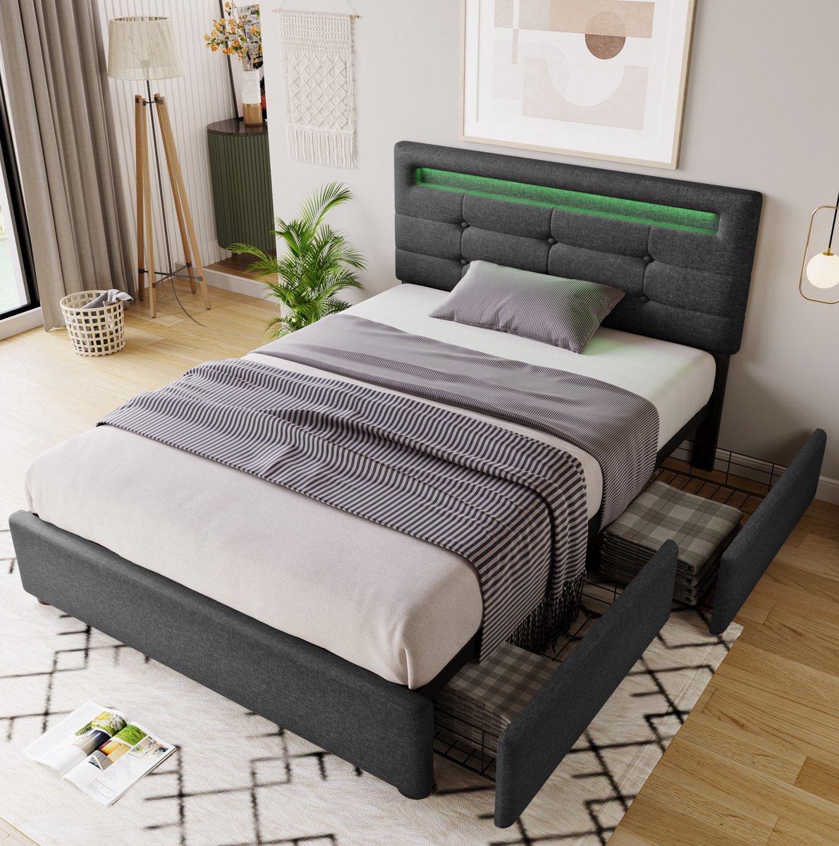 COVREO Bedframe 90x200 cm grijs met LED en 2 lades, zonder matras