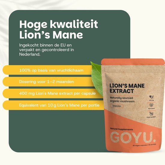 Een bruine verpakking van GOYU Lion's Mane Extract met uitleg over de hoge kwaliteit en dosering.